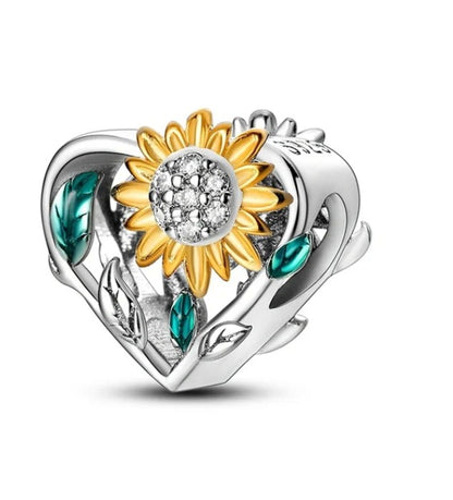 Heart & Sunflower Charm | 925 Sterling Silver Floral Bead for Charm Bracelets