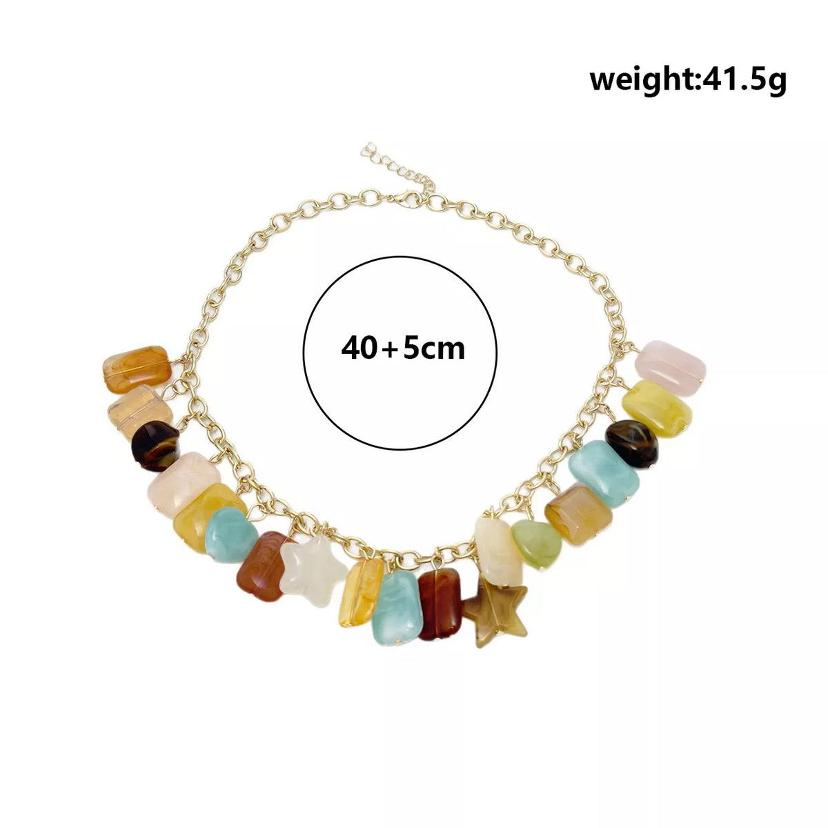 A gold-tone chain necklace with colorful stone beads and star-shaped charms, shown on a white background with a size circle reading 40+5cm and weight text in the top right.