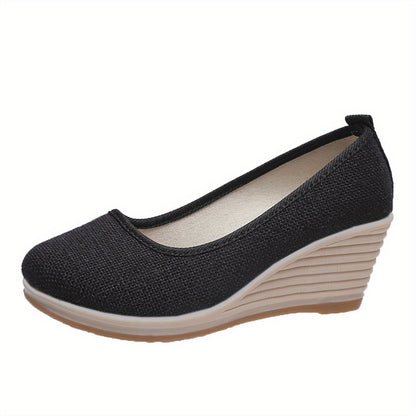 Bohemian Wedge Heel  Bohemian Breathable Fabric Wedge Heel Shoes | Women's Black & Natural Jute Mid-Heel Platform, TPR Sole for Autumn Casual & Semi-Formal Wear