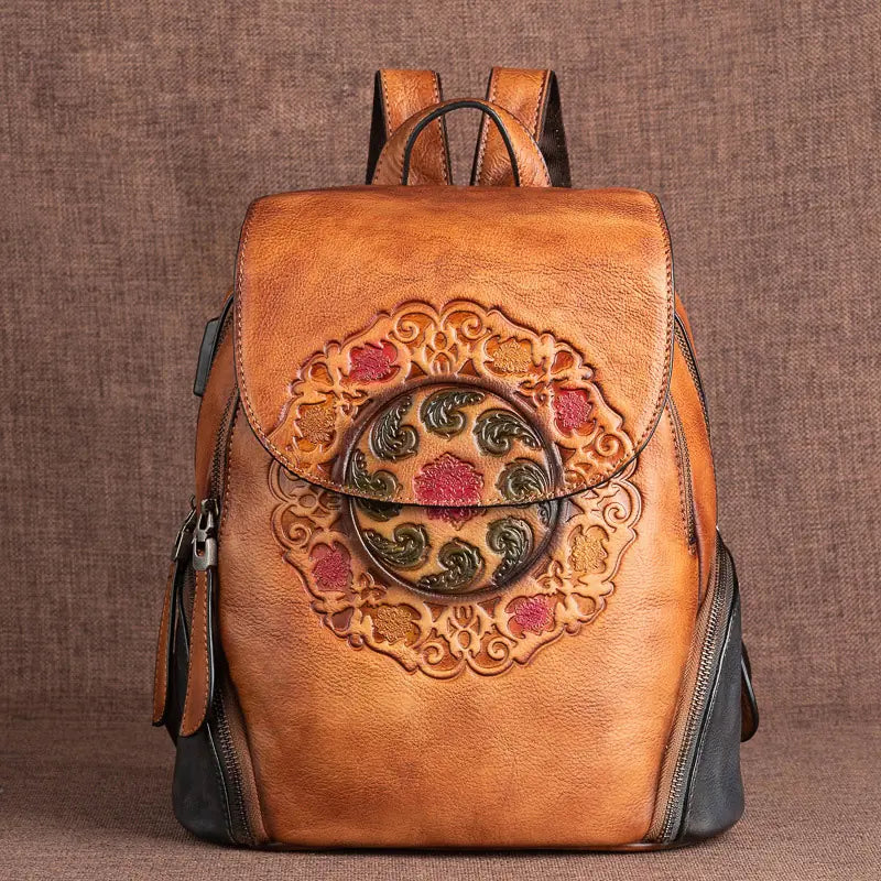 Vintage Handmade Floral Leather Backpack for Women