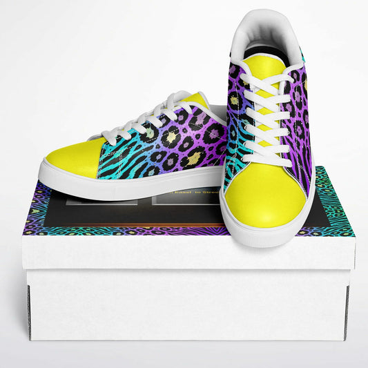 Teal Leopard & Zebra Unisex Sneakers – Bold Purple & Yellow Statement Shoes