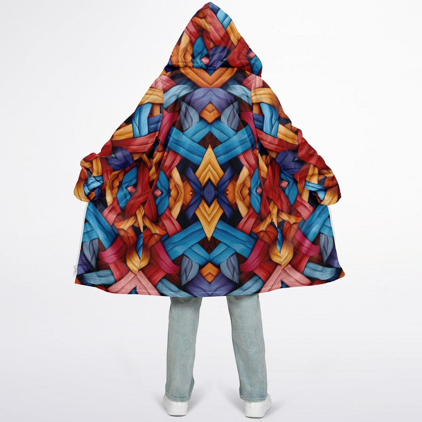Zipper Cloak – Bold Blue & Red Weave Pattern, Creative Boho Hooded Wrap