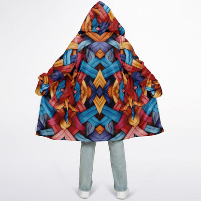 Zipper Cloak – Bold Blue & Red Weave Pattern, Creative Boho Hooded Wrap