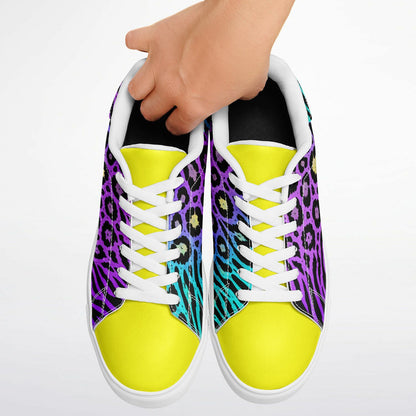 Teal Leopard & Zebra Unisex Sneakers – Bold Purple & Yellow Statement Shoes