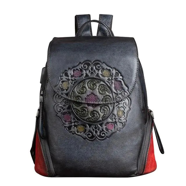 Vintage Handmade Floral Leather Backpack for Women