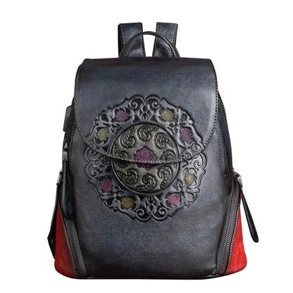 Vintage Handmade Floral Leather Backpack for Women
