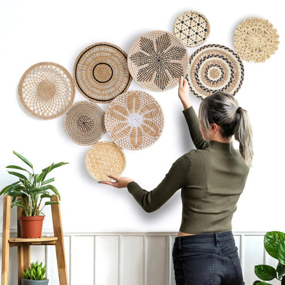 Art Boho Wall Basket Decor - Set Of 9 Woven Wall Baskets For Unique Home Decor Round Decorative Hanging Boho Wall Art - Handmade Wicker Basket Wall Decor Set