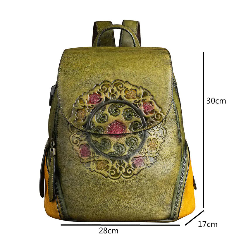 Vintage Handmade Floral Leather Backpack for Women