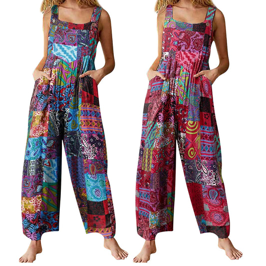 Women's Ethnic Style Patchwork Button Strap Jumpsuit