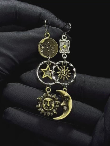 Sun & Moon Face Charms | Celestial Earring Pendants | Asymmetric Jewelry Making Components | Mythology Inspired DIY Supply