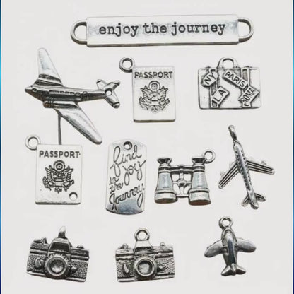 Travel Charms 10-Piece Set | Airplane, Camera, Passport & Suitcase Metal Charms | DIY Bracelet & Jewelry Making Supplies