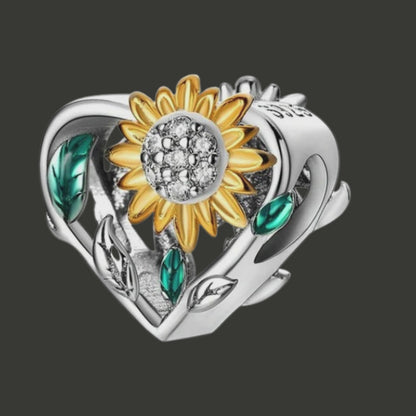 Heart & Sunflower Charm | 925 Sterling Silver Floral Bead for Charm Bracelets