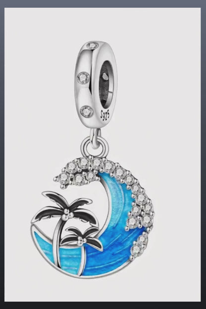 Palm Tree & Wave Charm | 925 Sterling Silver Beach Pendant | Tropical Bracelet & Necklace Gift