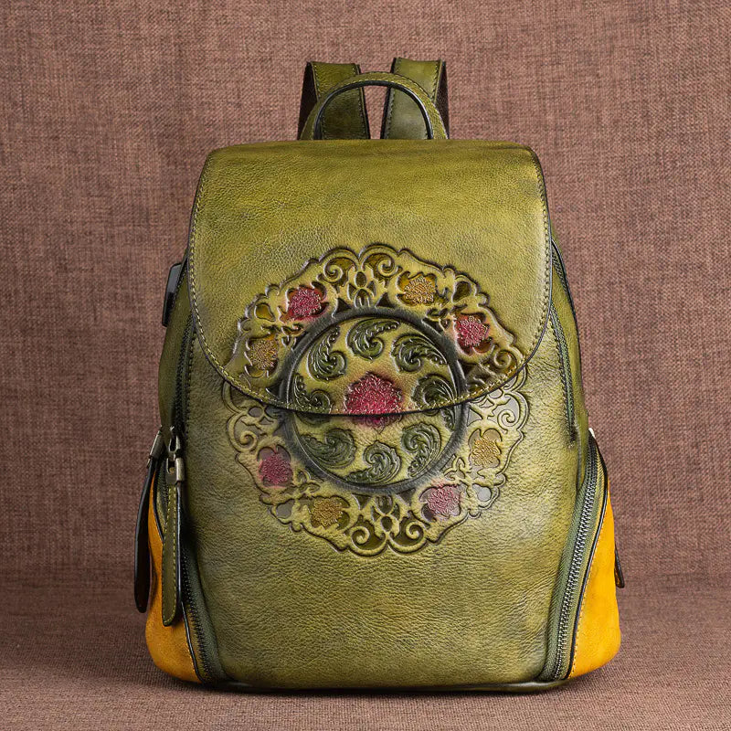 Vintage Handmade Floral Leather Backpack for Women