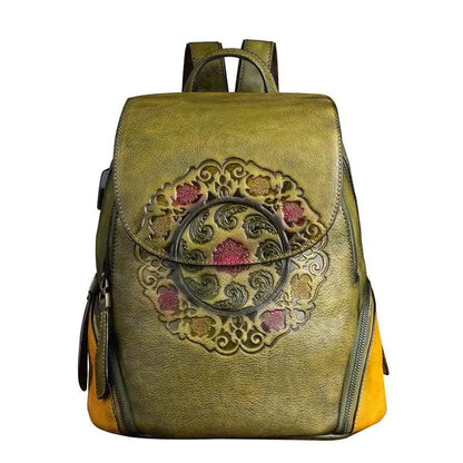 Vintage Handmade Floral Leather Backpack for Women